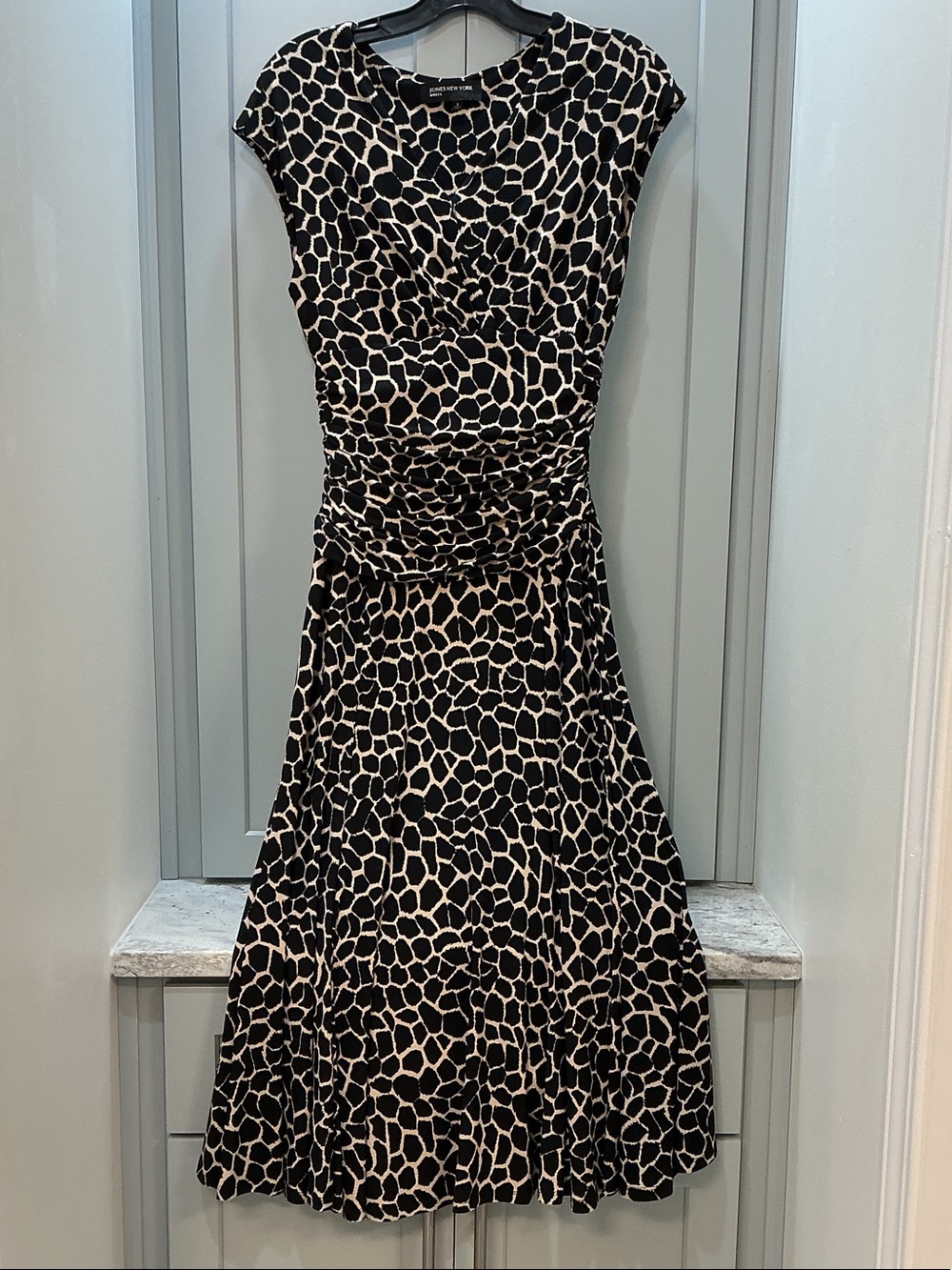 DKNY Black and Cream Giraffe-Print Ruched Midi Dress